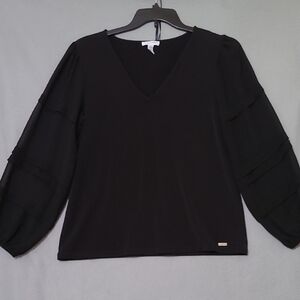 CALVIN KLEIN Elegant Black V-Neck Women's Top Sheer Long Sleeves - Size Medium